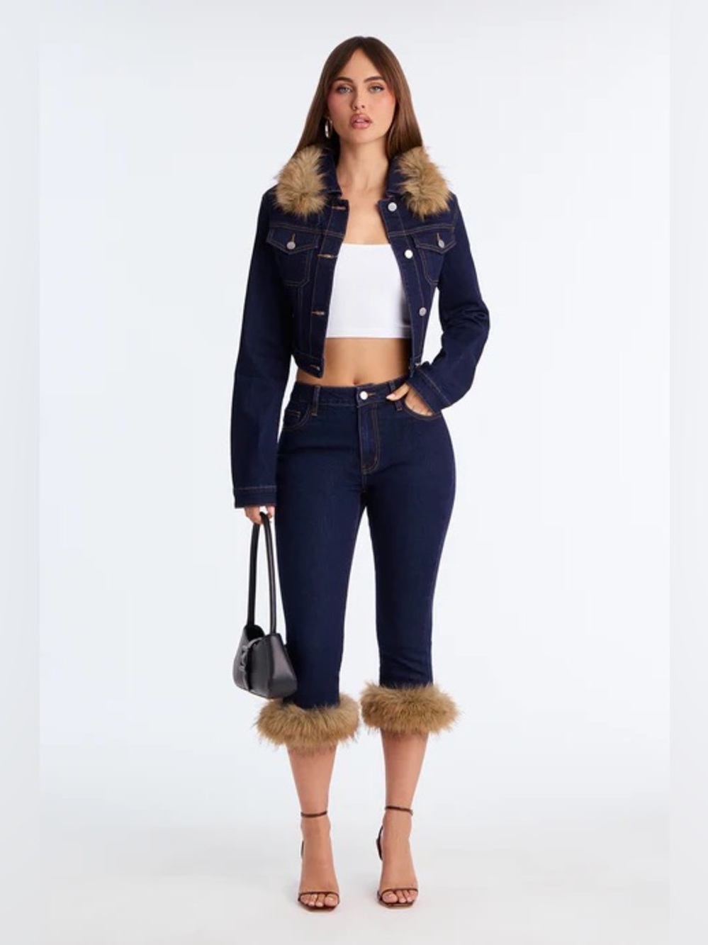 Bitter Queen Faux Denim Set Dark Blue Faux-Fur Trim Cropped Jeans